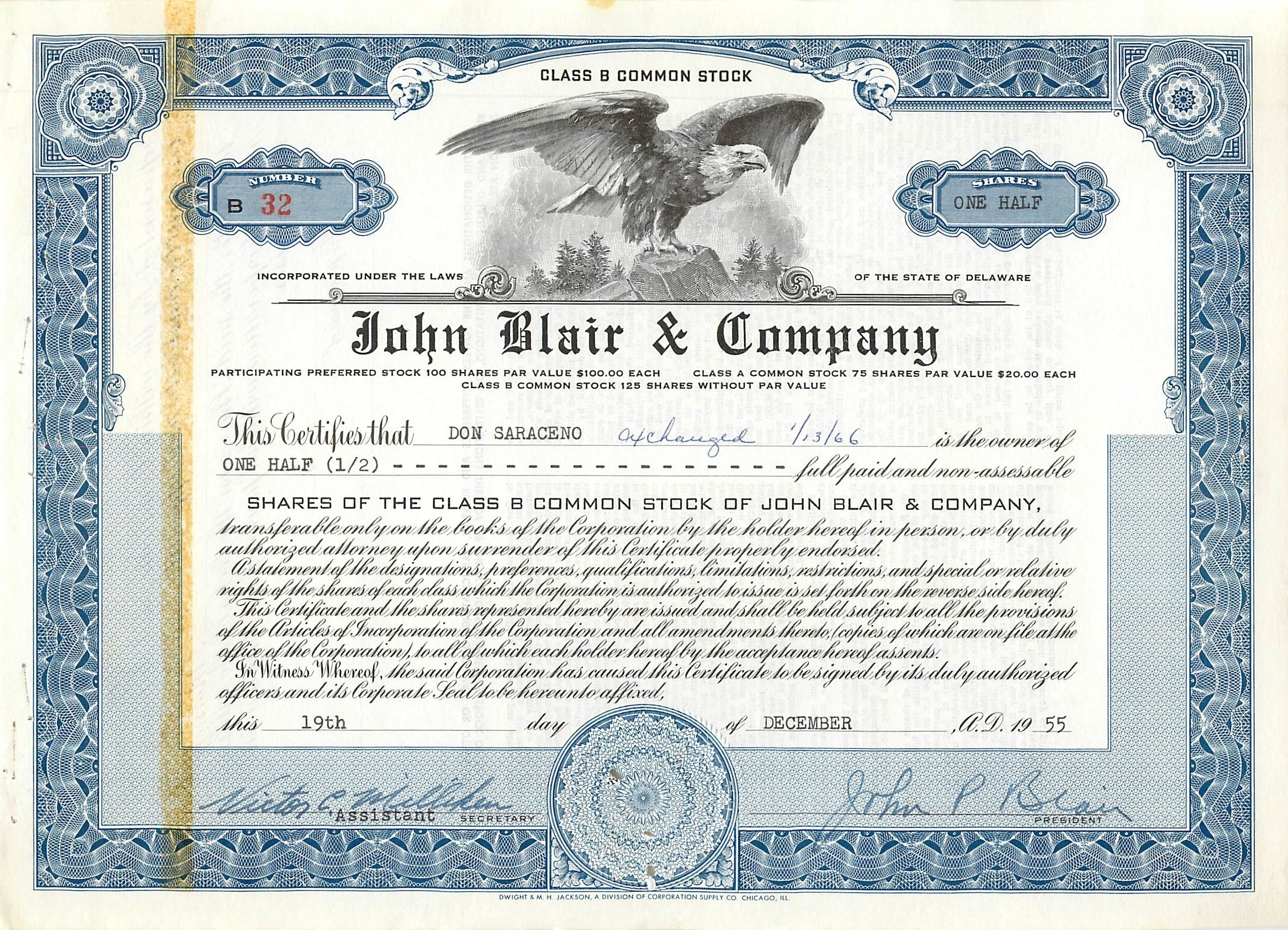 Action de société John Blair & Company — Action de classe B — N° 32