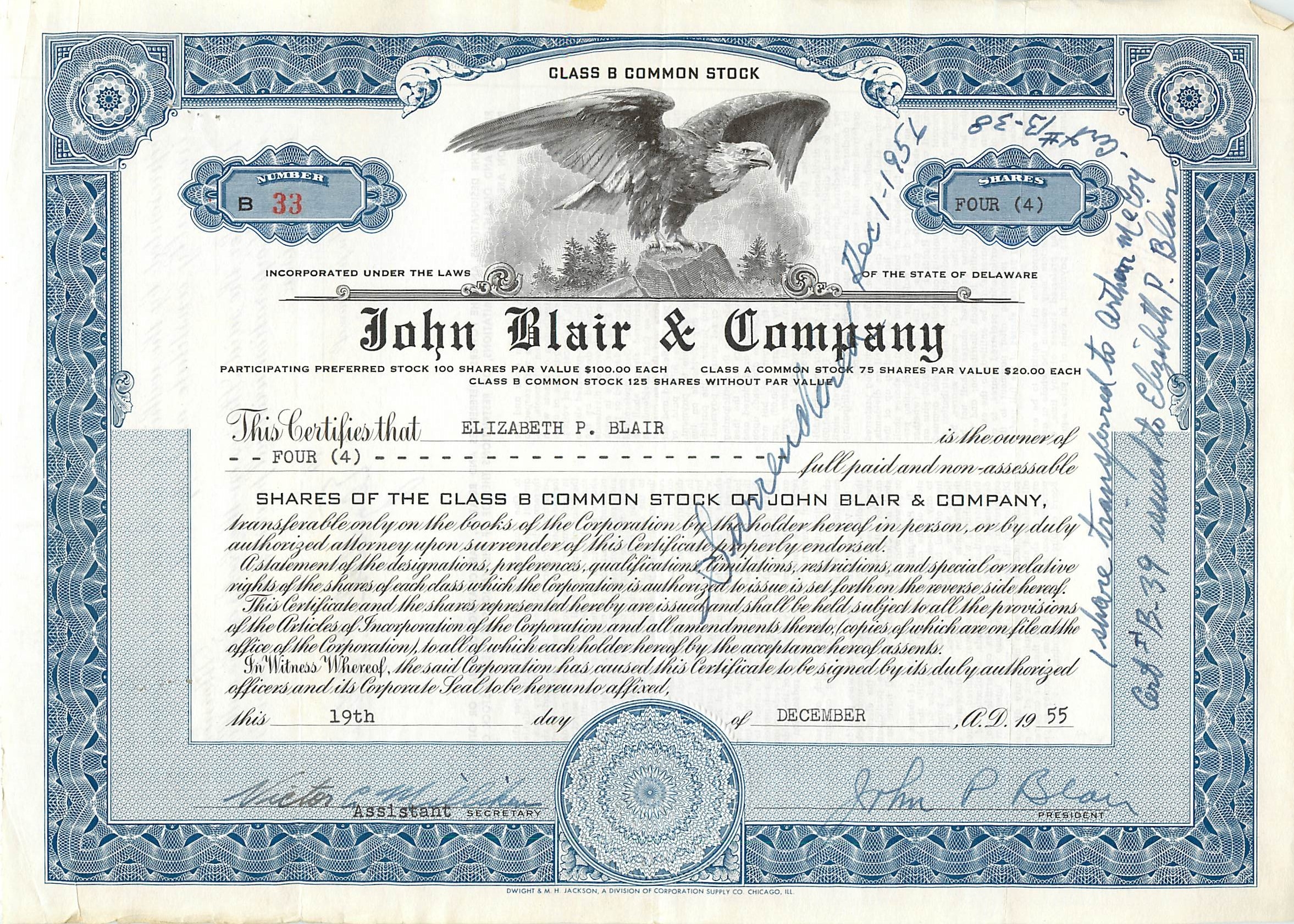 John Blair & Company — Azione classe B — editore Dwight & M. H. Jackson, Chicago, IL