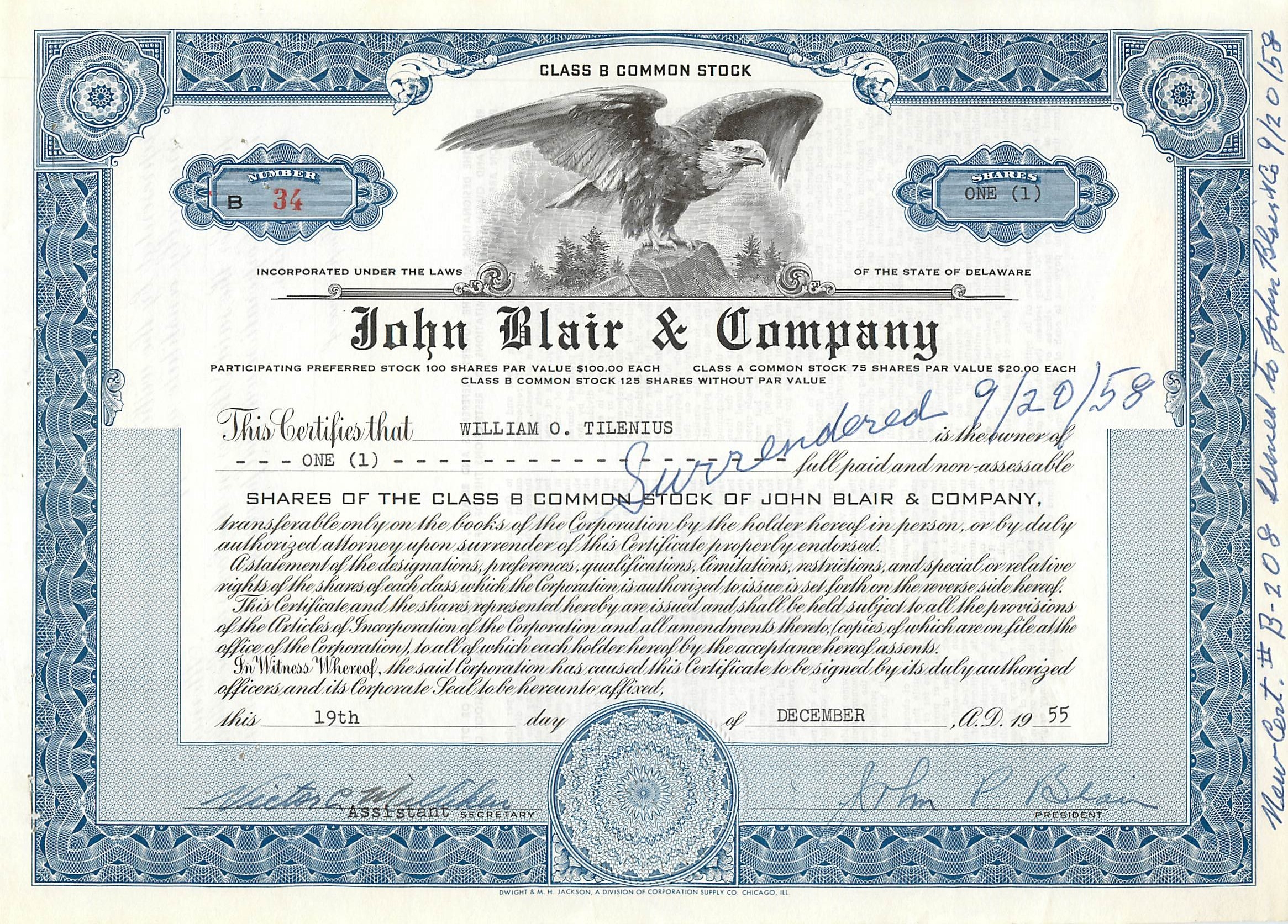 Acción de suscripción de 1 acción de clase B - John Blair & Company - Delaware