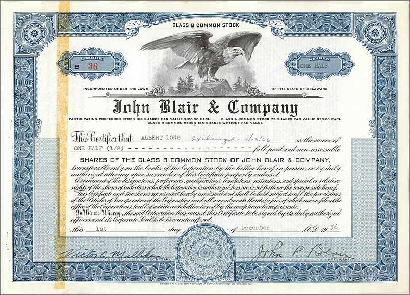 Action de la société John Blair & Company — Classe B — émis en 1956