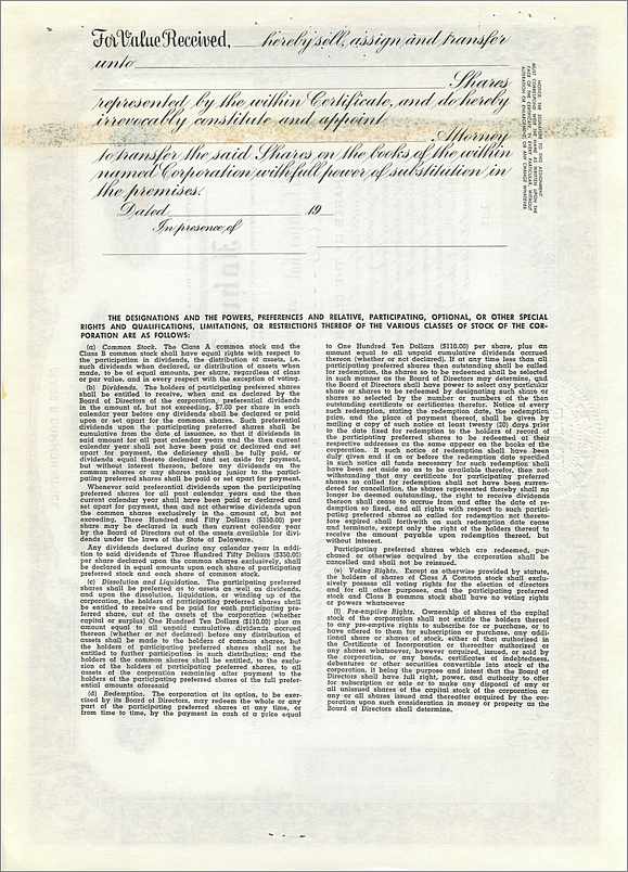 Action de la société John Blair & Company — Classe B — émis en 1956 — Verso
