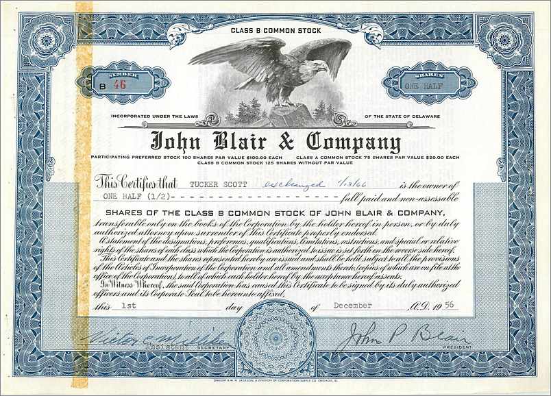 Action de la société John Blair & Company — Classe B — N° 46 — Delaware