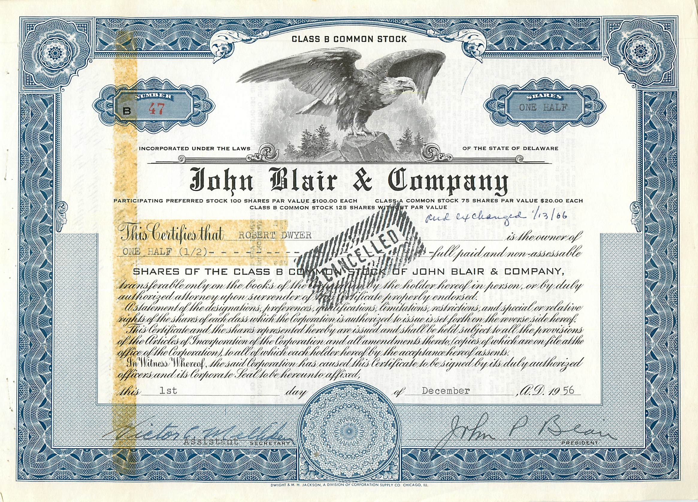Action de société John Blair & Company — action de classe B — n° 47