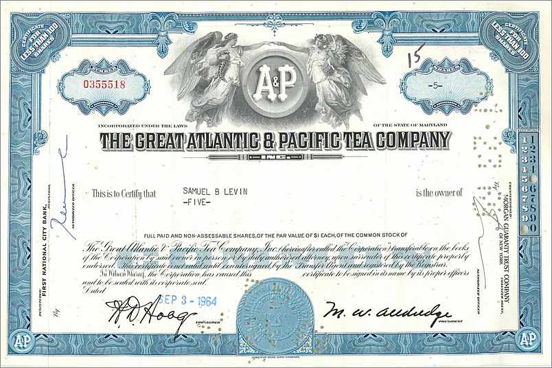 Certificat de parts de la Great Atlantic & Pacific Tea Company — Samuel B. Levin — n° 0355518