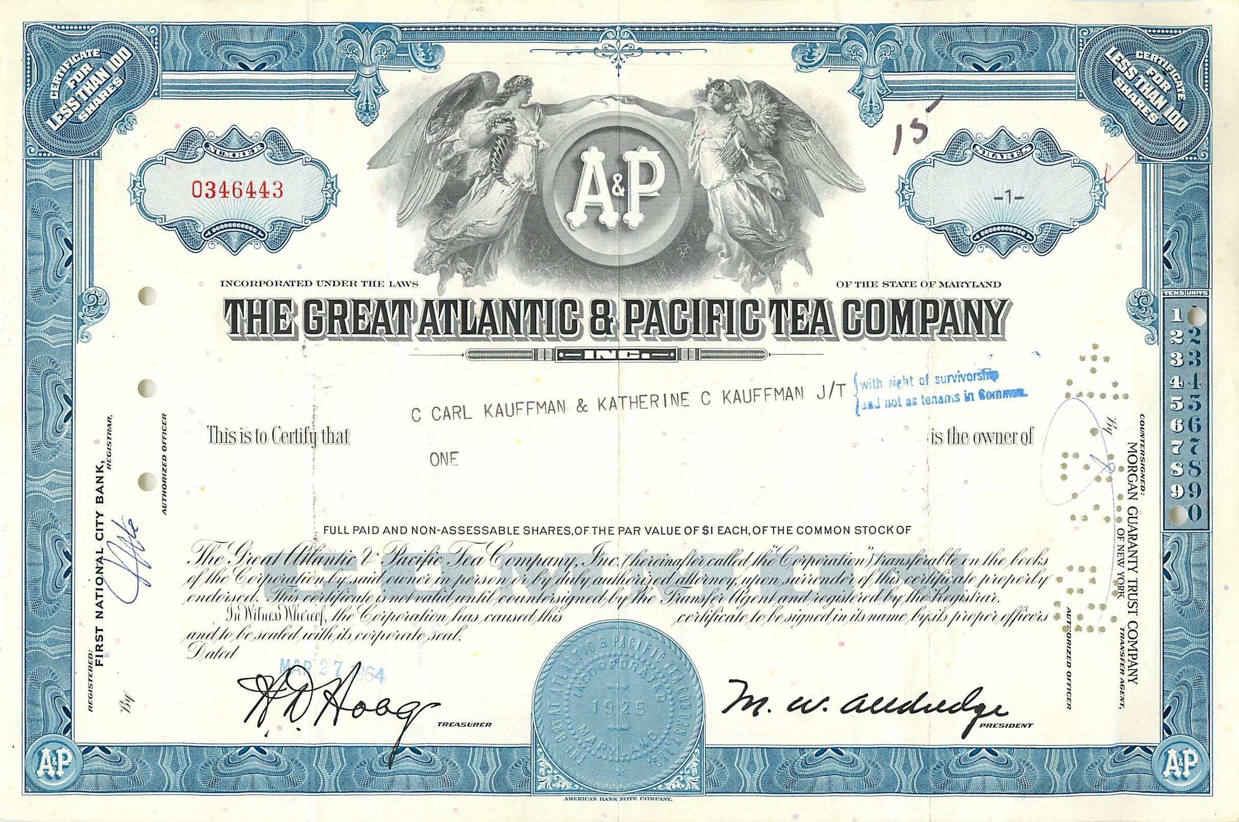 Certificat d'actions de la Great Atlantic & Pacific Tea Company — éditeur Morgan Guaranty Trust Company