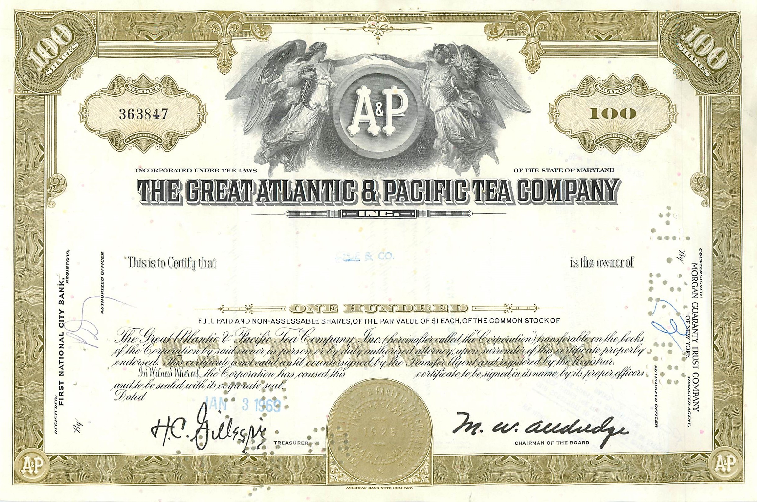 Certificat d'actions de la Great Atlantic & Pacific Tea Company — 100 actions