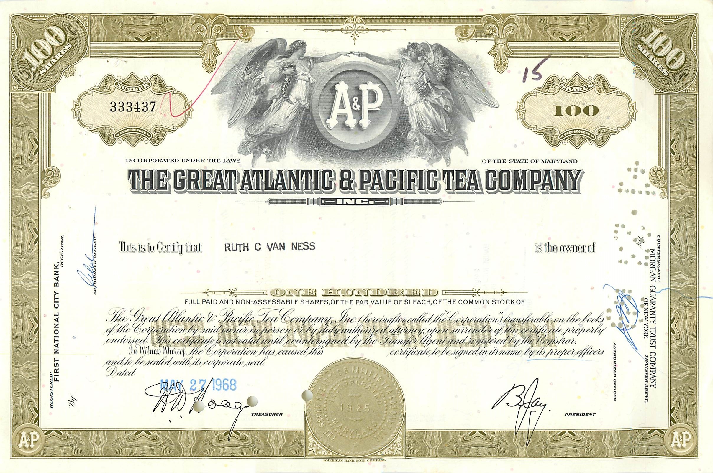 Certificat d'actions de la Great Atlantic & Pacific Tea Company — 100 actions — éditeur Morgan Guaranty Trust Company