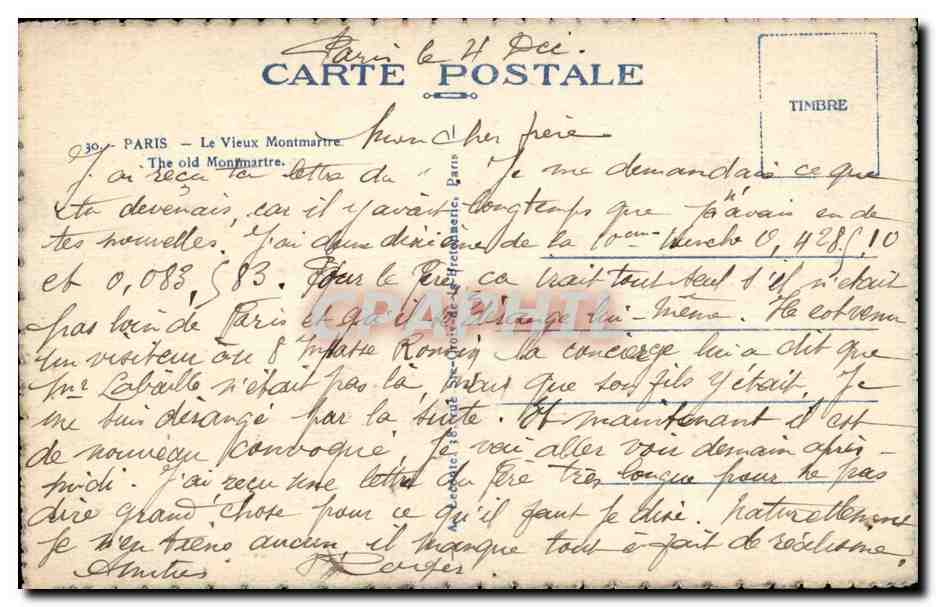 Paris CPA Le vieux Montmartre — Rückseite