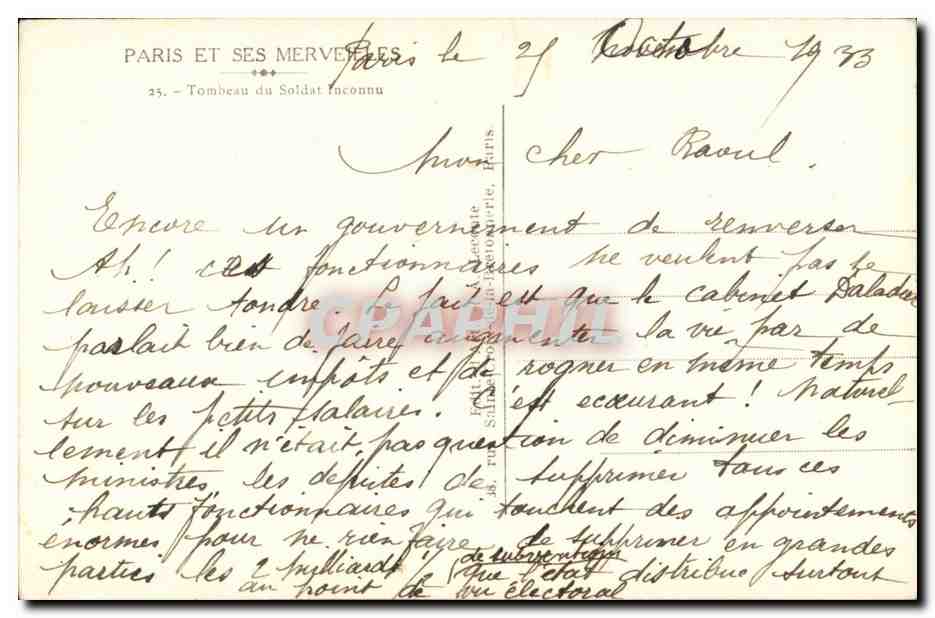 Paris CPA Tombeau du soldat inconnu — Verso