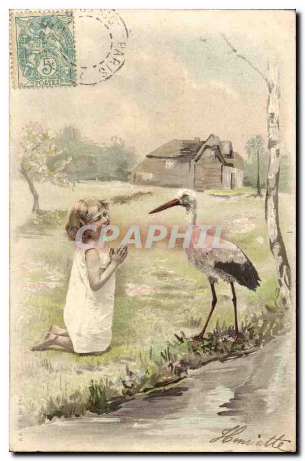 Fantaisie - enfant - heron - oiseau cigogne -CPA