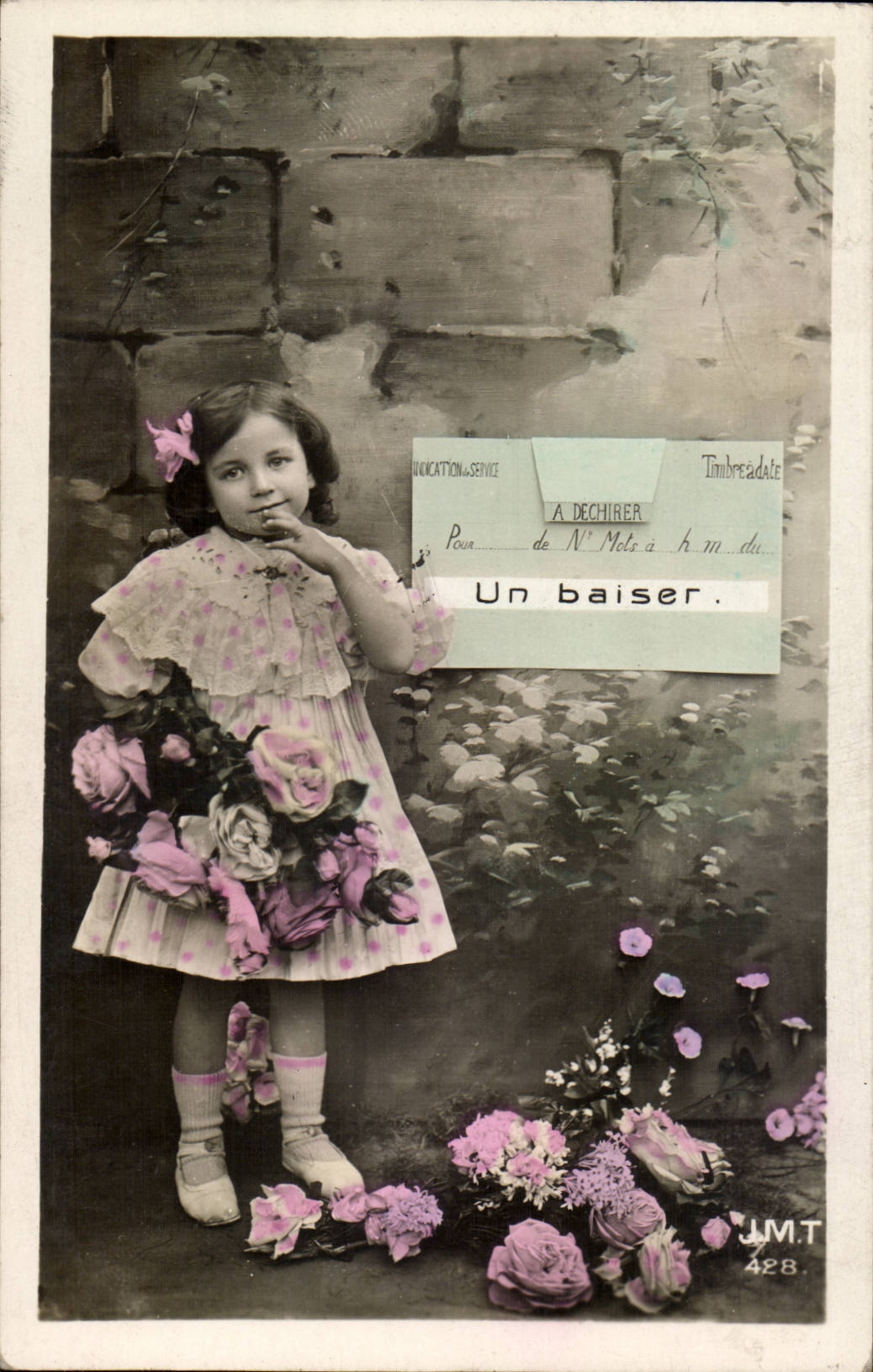 Fantaisie - enfant - fille - fleur - Andre Chambon un baiser - CPA 