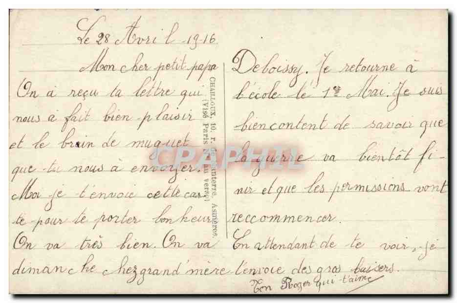 Fantaisie - enfant - Muguet Porte Bonheur - oiseau - bird - Roger - CPA  — Rückseite