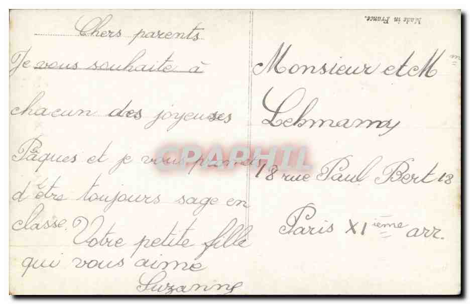 Fantaisie - enfant - Heureuses Pacques - Suzanne Lehman - CPA  — Rückseite