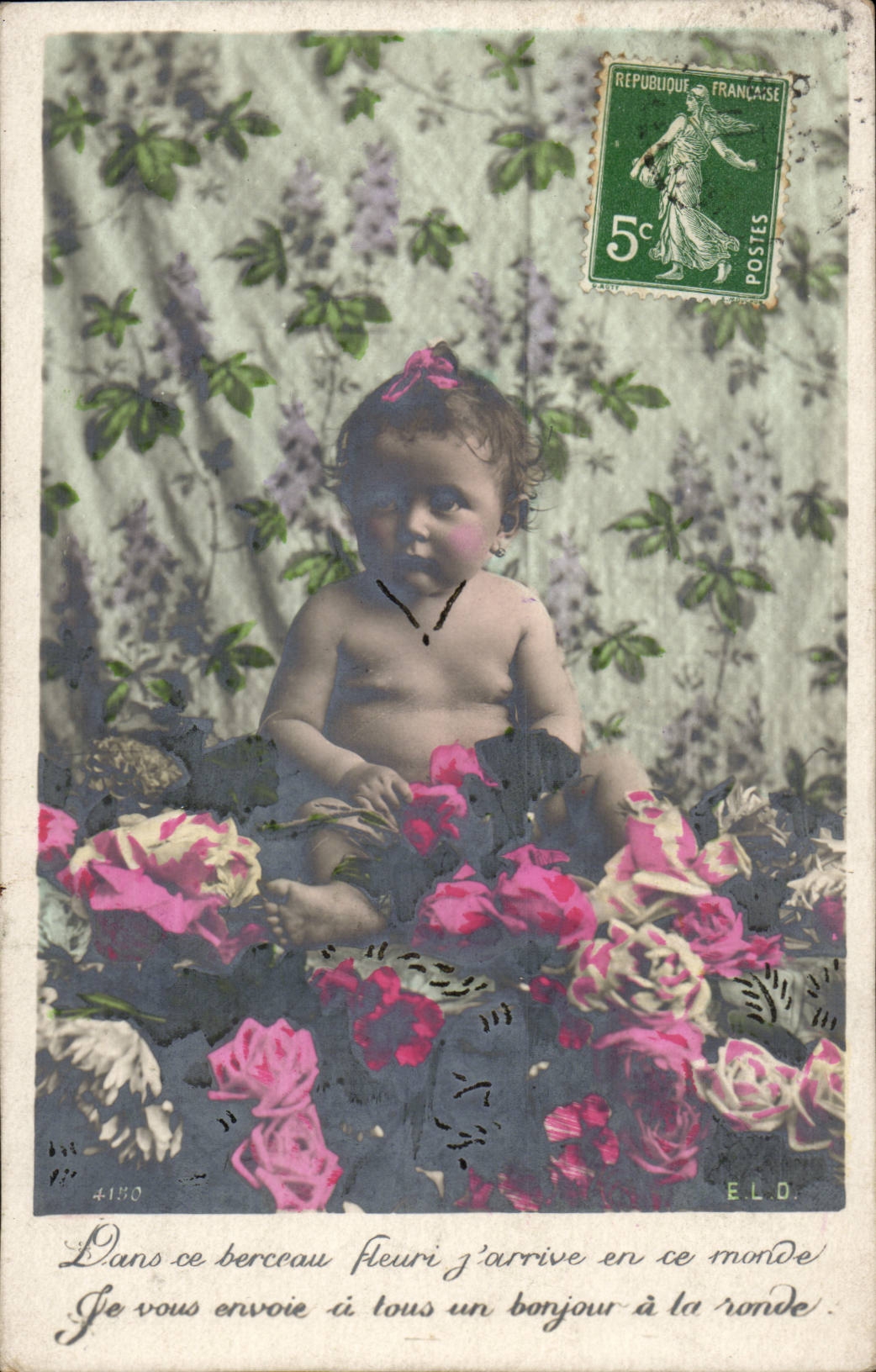 Fantaisie - enfant - dans ce berceuu fleuri j'arrive en ce monde je vous envoie - CPA 