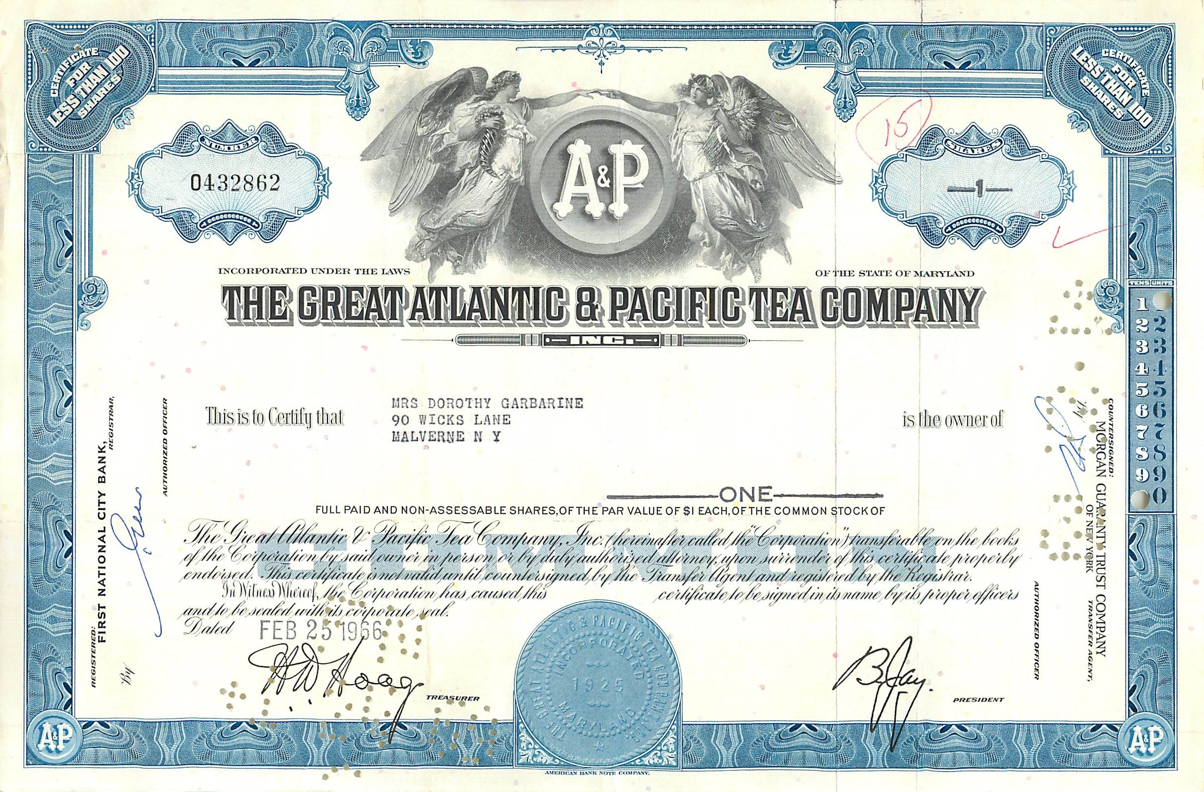 Certificat d'actions de la Great Atlantic & Pacific Tea Company — Mrs Dorothy Garbarine — daté 25 février 1956