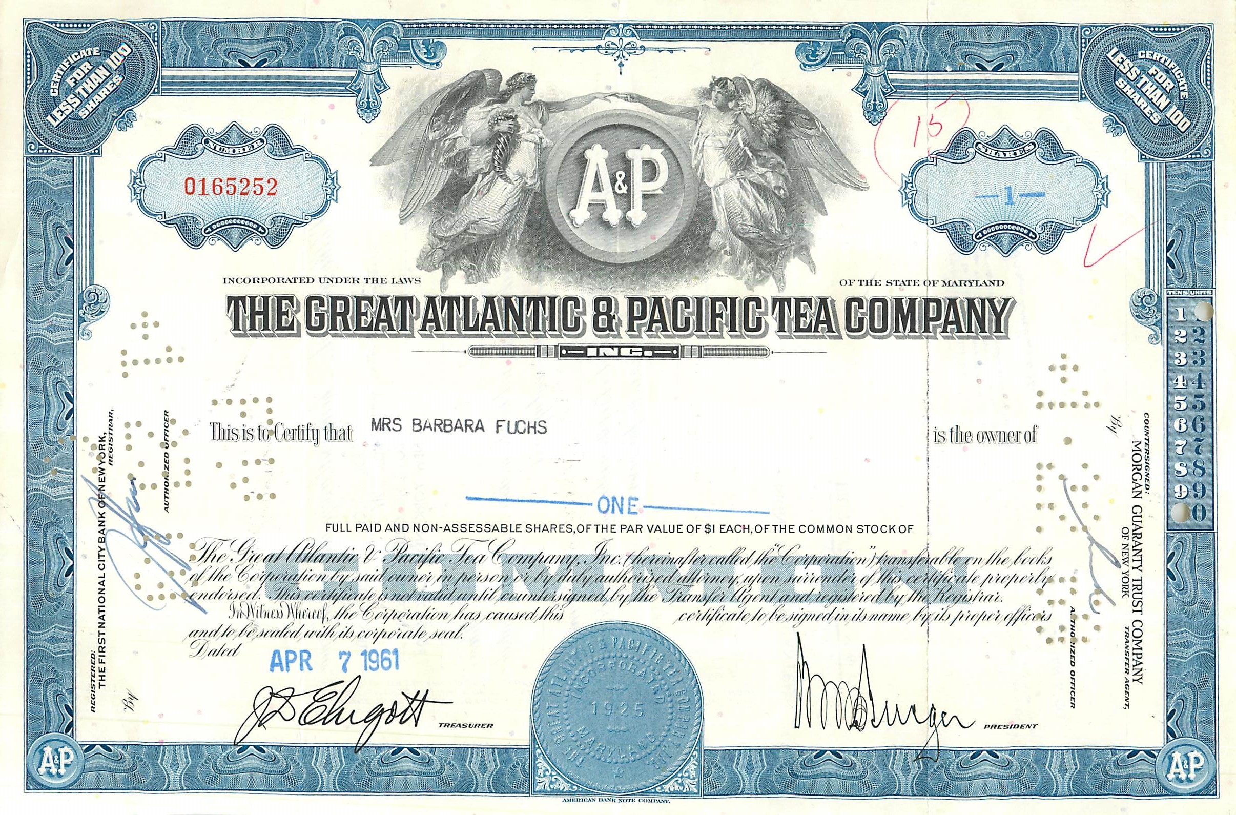 Acción de la Great Atlantic & Pacific Tea Company — certificado de 1 acción — editor Morgan Guaranty Trust Company