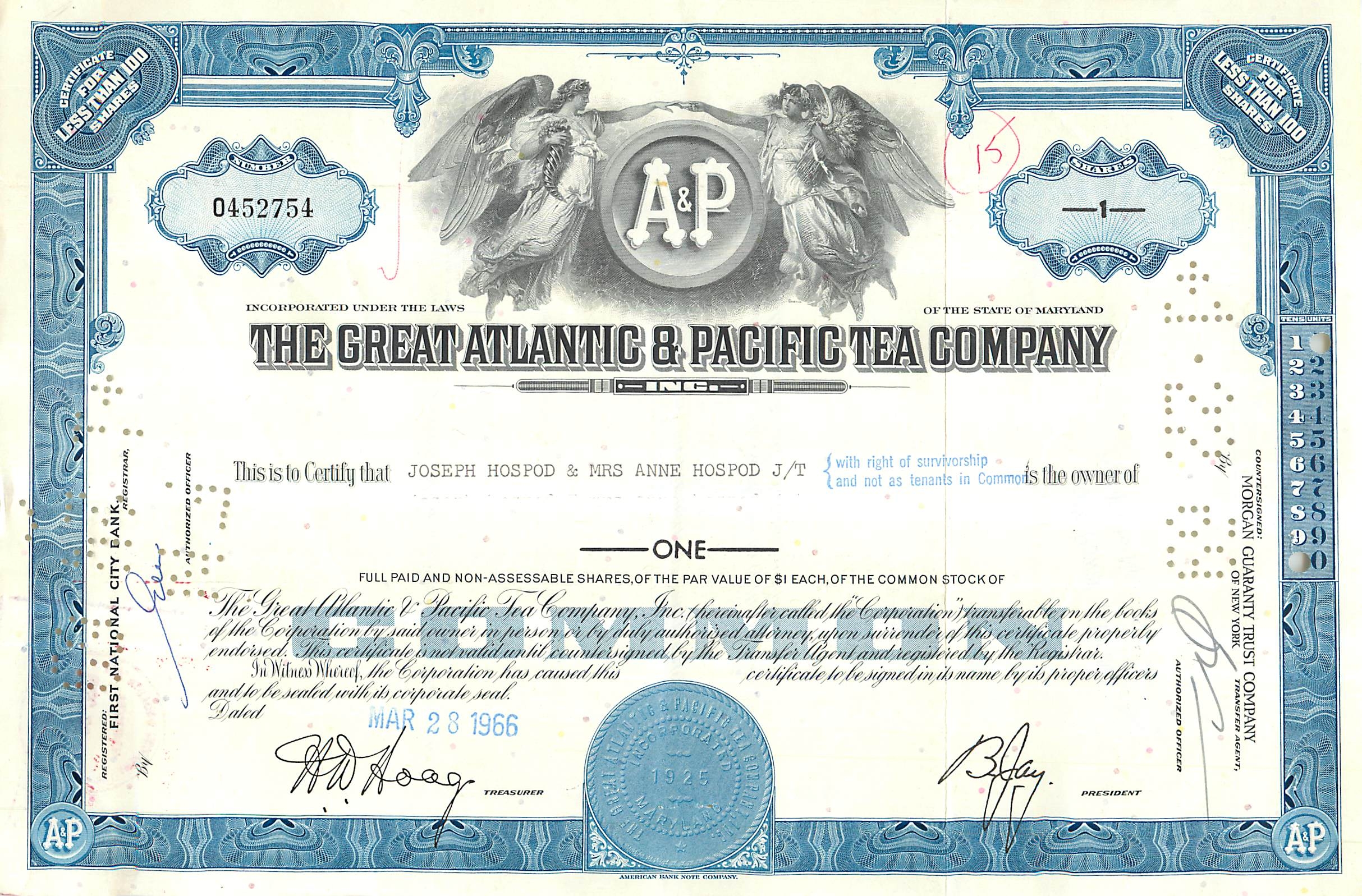 Certyfikat udziałów Great Atlantic & Pacific Tea Company — wydawca Morgan Guaranty Trust Company