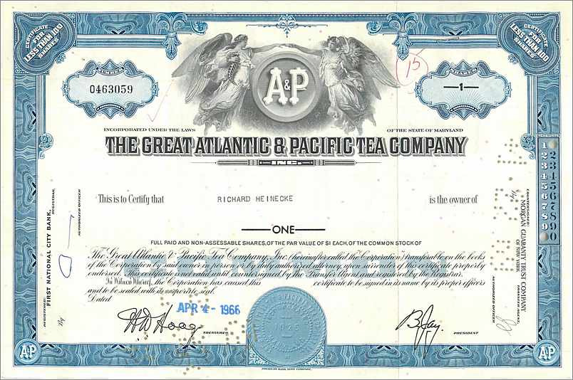 Aandelenbewijs van de Great Atlantic & Pacific Tea Company — serie 0463059 — uitgever First National City Bank