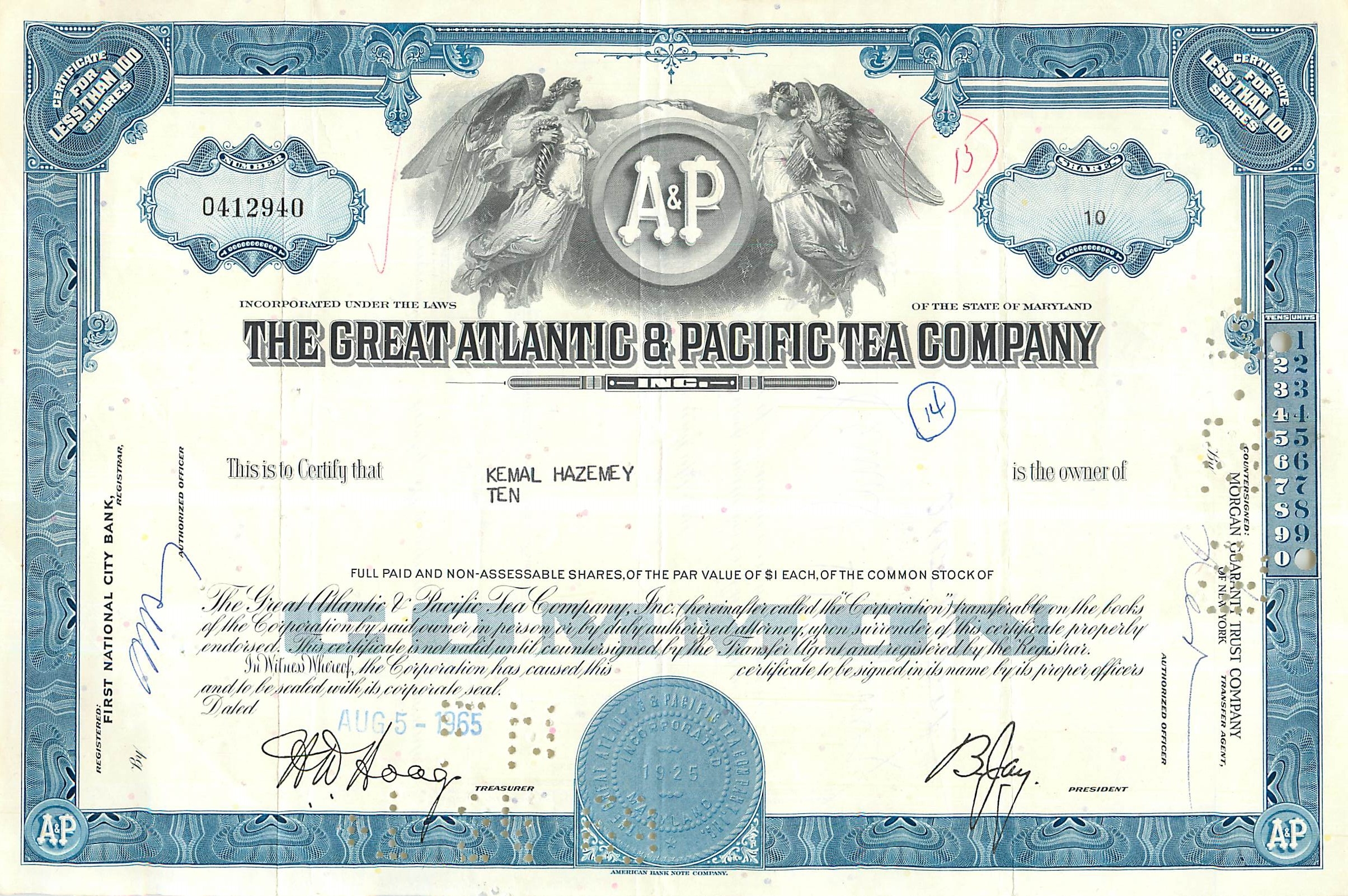 Certificat de 10 actions de la Great Atlantic & Pacific Tea Company — éditeur Morgan Guaranty Trust Company