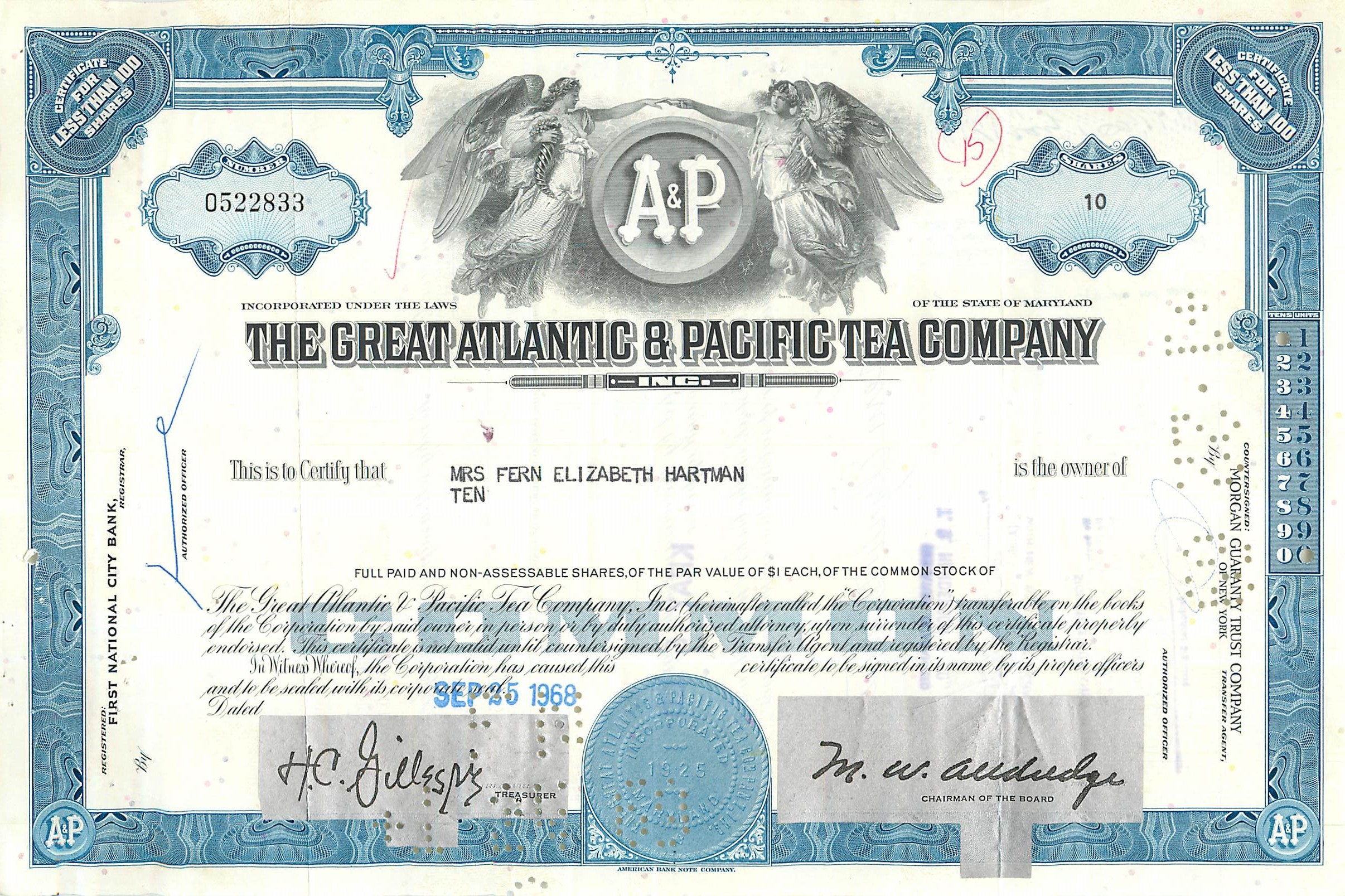 Certificat de parts de la Great Atlantic & Pacific Tea Company — Mrs Fern Elizabeth Hartman — daté 25 sept. 1968