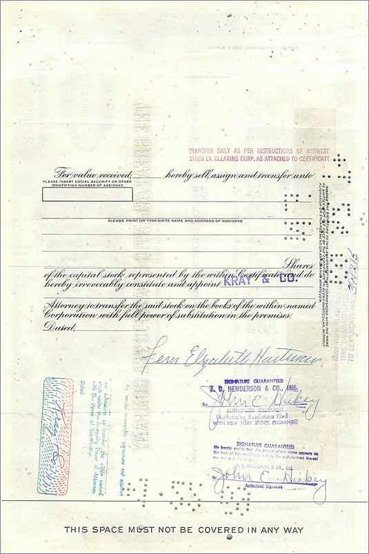 Certificat de parts de la Great Atlantic & Pacific Tea Company — Mrs Fern Elizabeth Hartman — daté 25 sept. 1968 — Verso