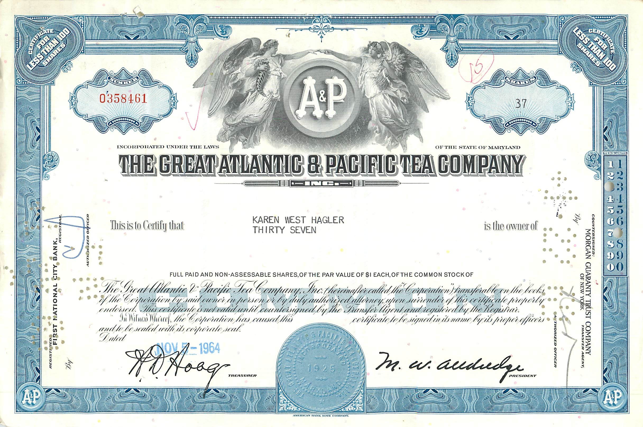 Certificado de acciones de la Great Atlantic & Pacific Tea Company — Karen West Hagler — 37 acciones — fechado en 1925