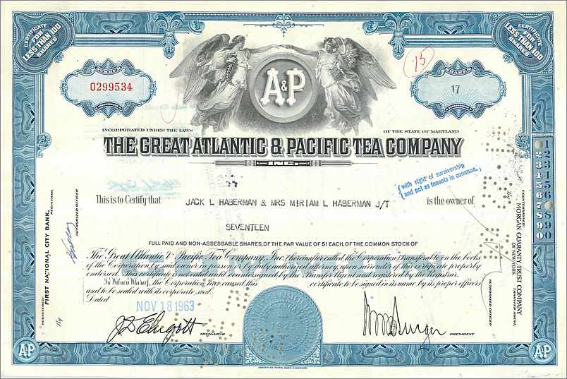 Aandelenbewijs van de Great Atlantic & Pacific Tea Company — serie 17 — uitgever First National City Bank