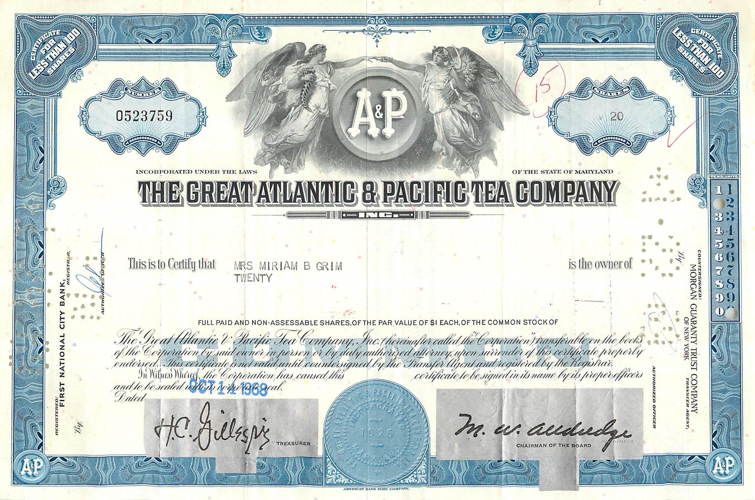 Certificado de acciones de la Great Atlantic & Pacific Tea Company — Mrs Miriam B Grim — 1925