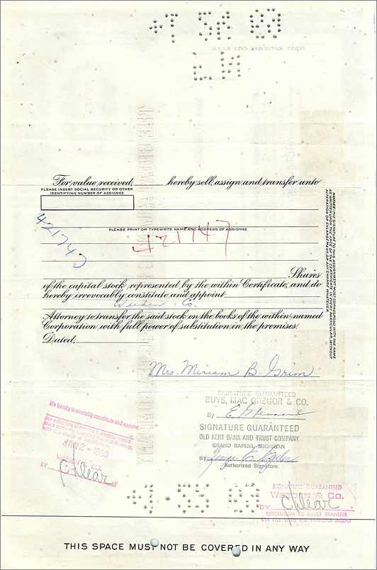 Certificado de acciones de la Great Atlantic & Pacific Tea Company — Mrs Miriam B Grim — 1925 — Reverso