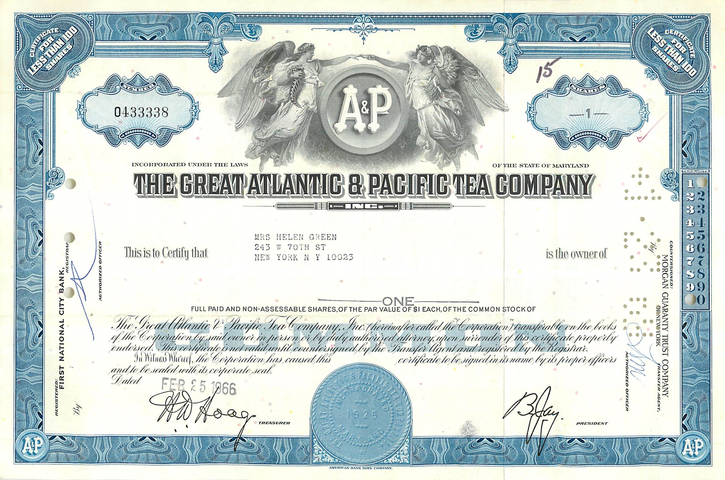 Aktienzertifikat der Great Atlantic & Pacific Tea Company — Frau Helen Green — datiert 25. Februar 1966