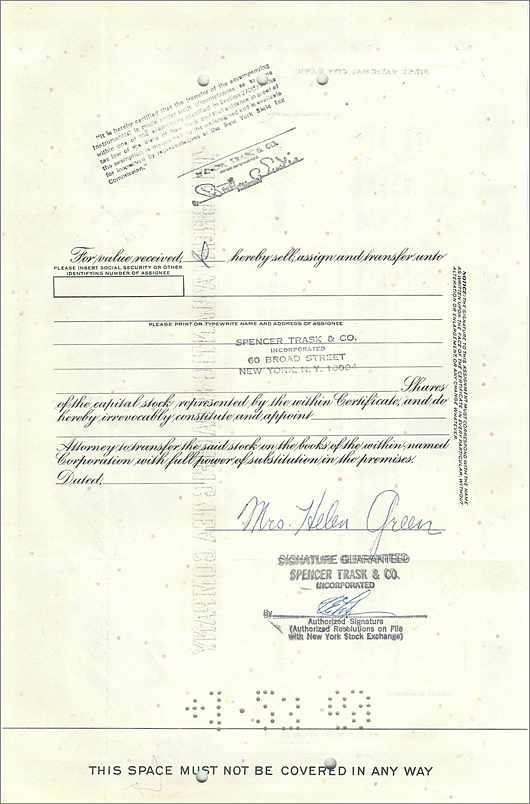 Aktienzertifikat der Great Atlantic & Pacific Tea Company — Frau Helen Green — datiert 25. Februar 1966 — Rückseite