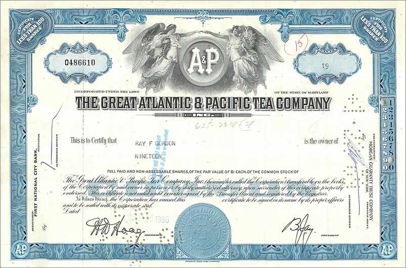 Certificat d'actions de la Great Atlantic & Pacific Tea Company — série 19 — éditeur First National City Bank