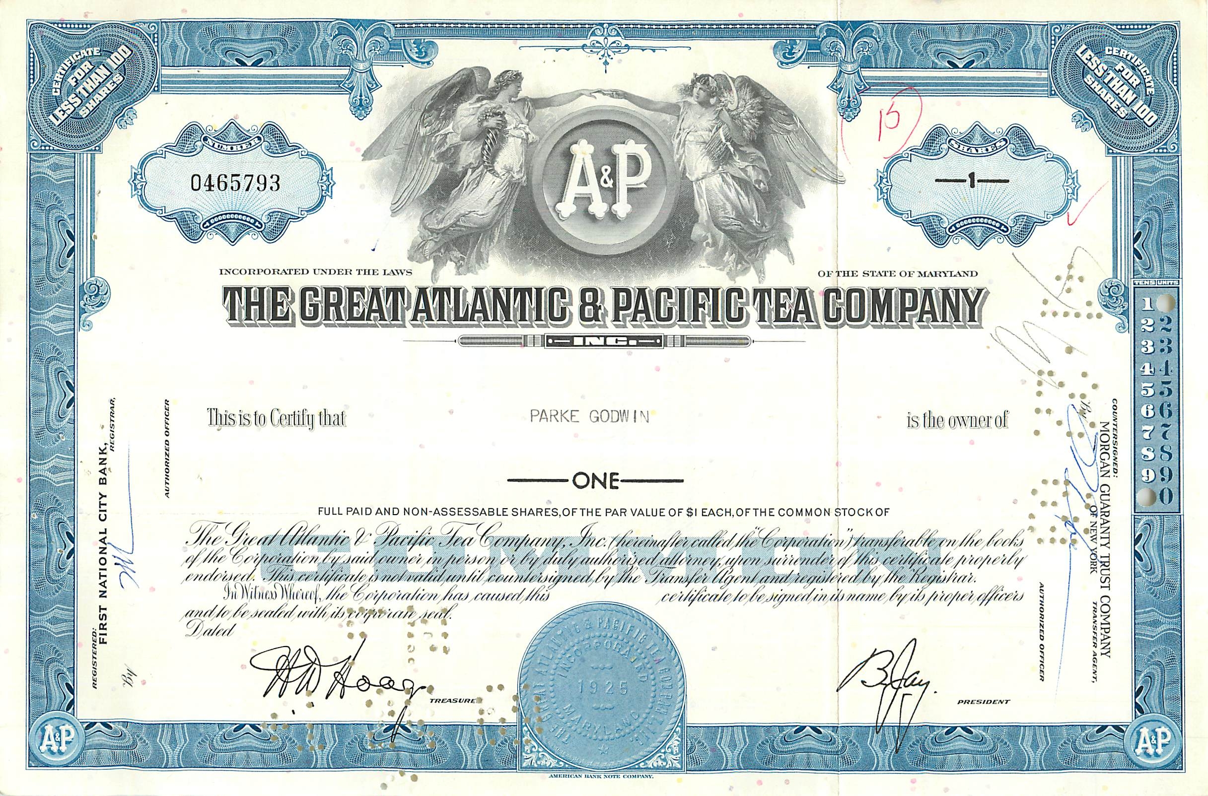 Aktie der Great Atlantic & Pacific Tea Company — Zertifikat für 1 Aktie — Verlag First National City Bank
