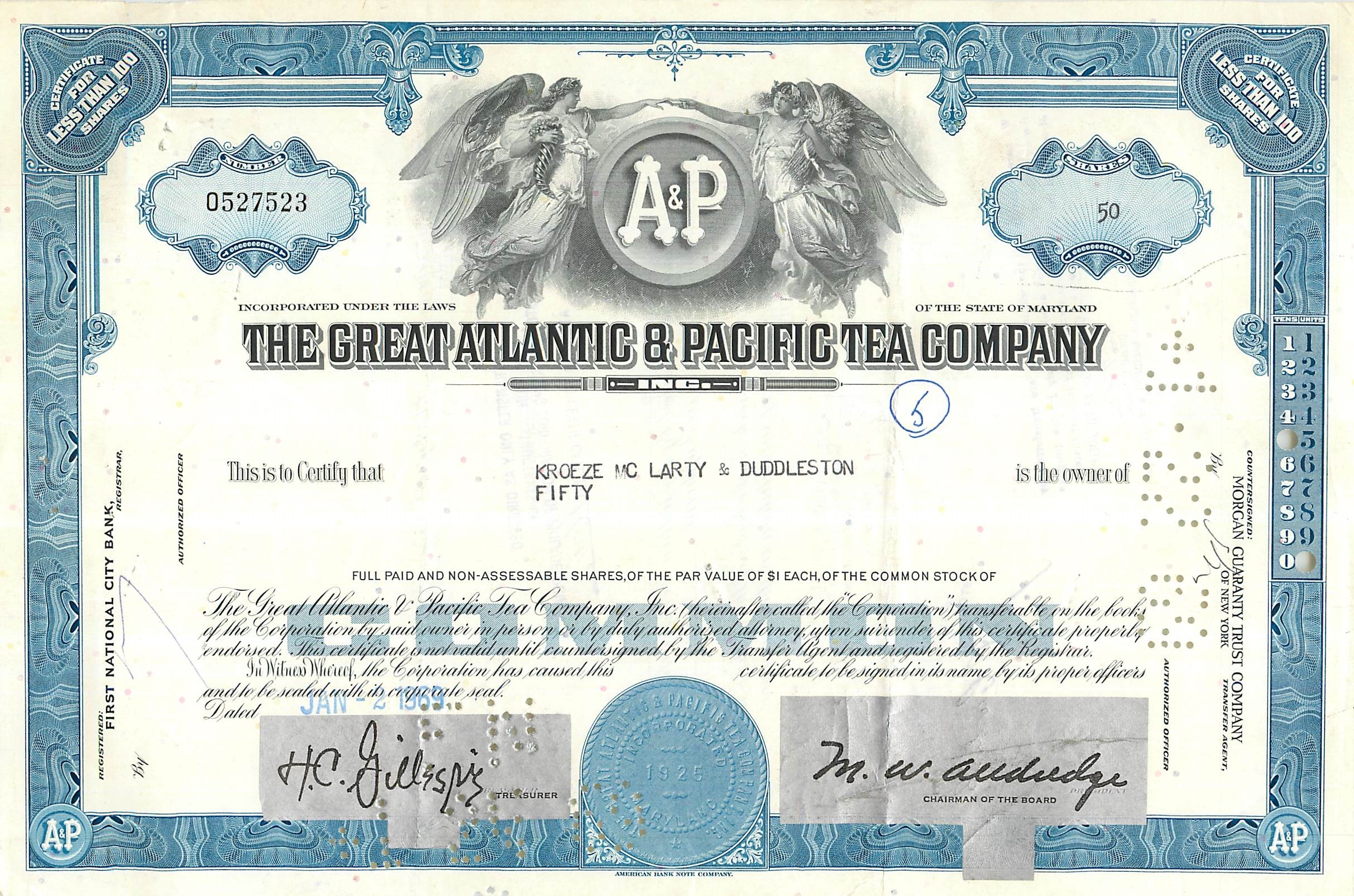 Działanie Great Atlantic & Pacific Tea Company — 50 akcji — wydawca First National City Bank