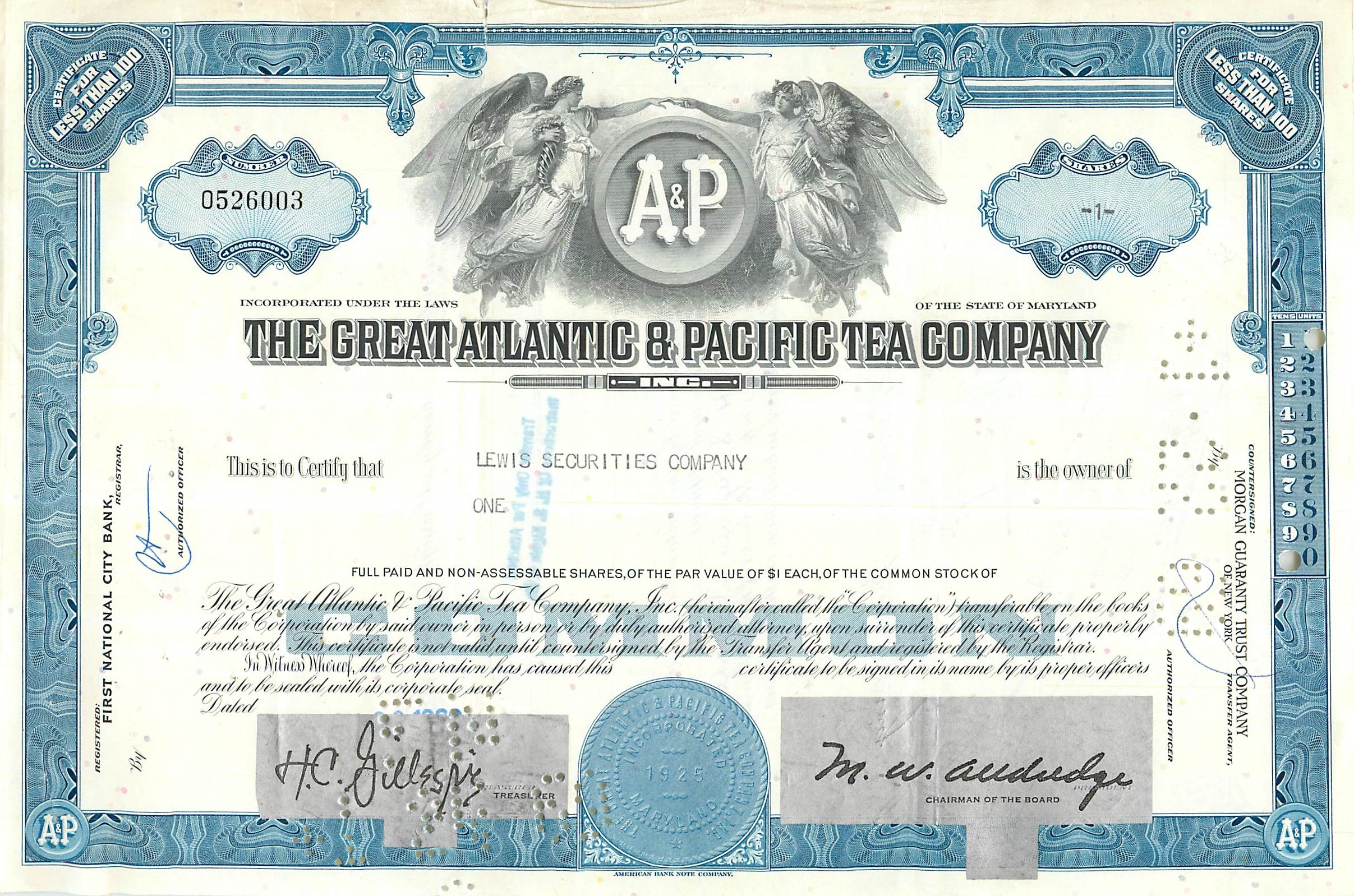 Aktienzertifikat der Great Atlantic & Pacific Tea Company — Verlag American Bank Note Company, Nr. 0526003