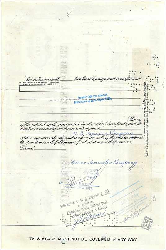 Aktienzertifikat der Great Atlantic & Pacific Tea Company — Verlag American Bank Note Company, Nr. 0526003 — Rückseite