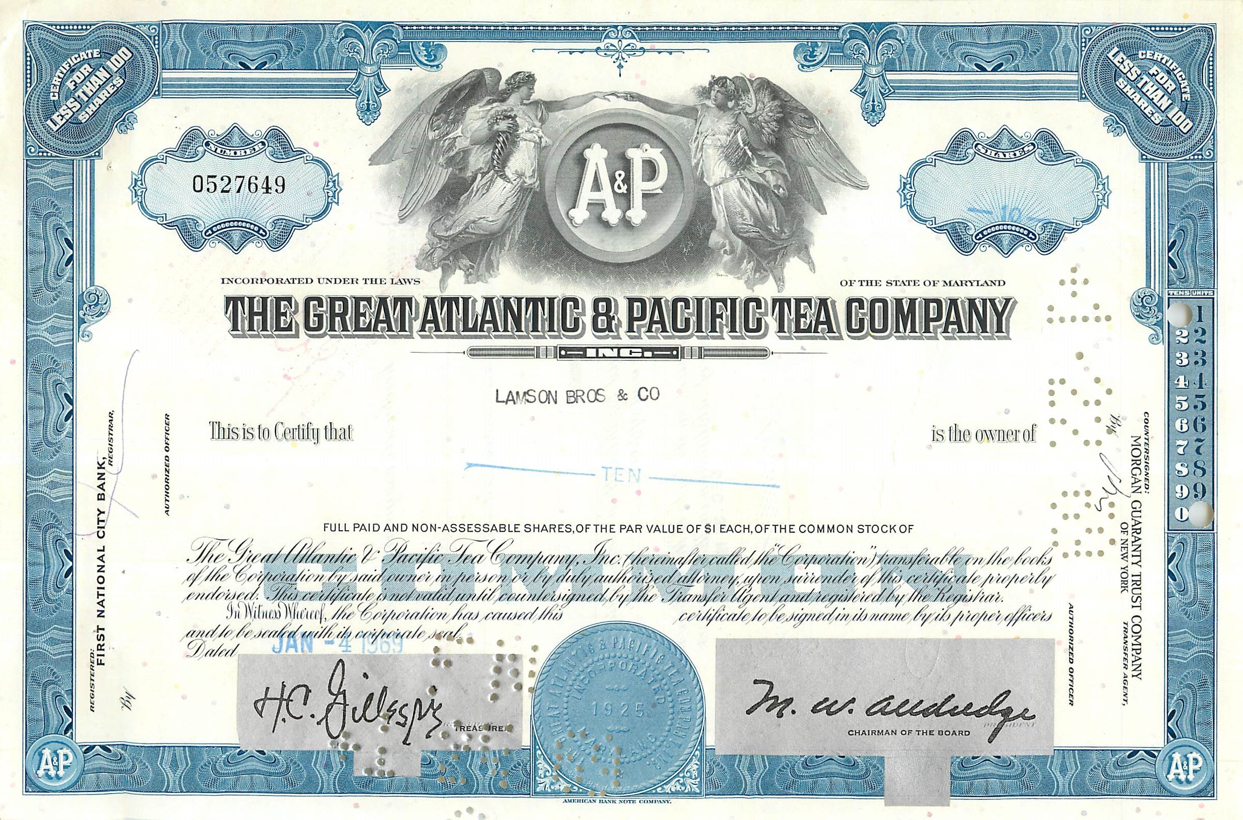 Aandelenbewijs van de Great Atlantic & Pacific Tea Company — Lawson Bros & Co — n° 0527649