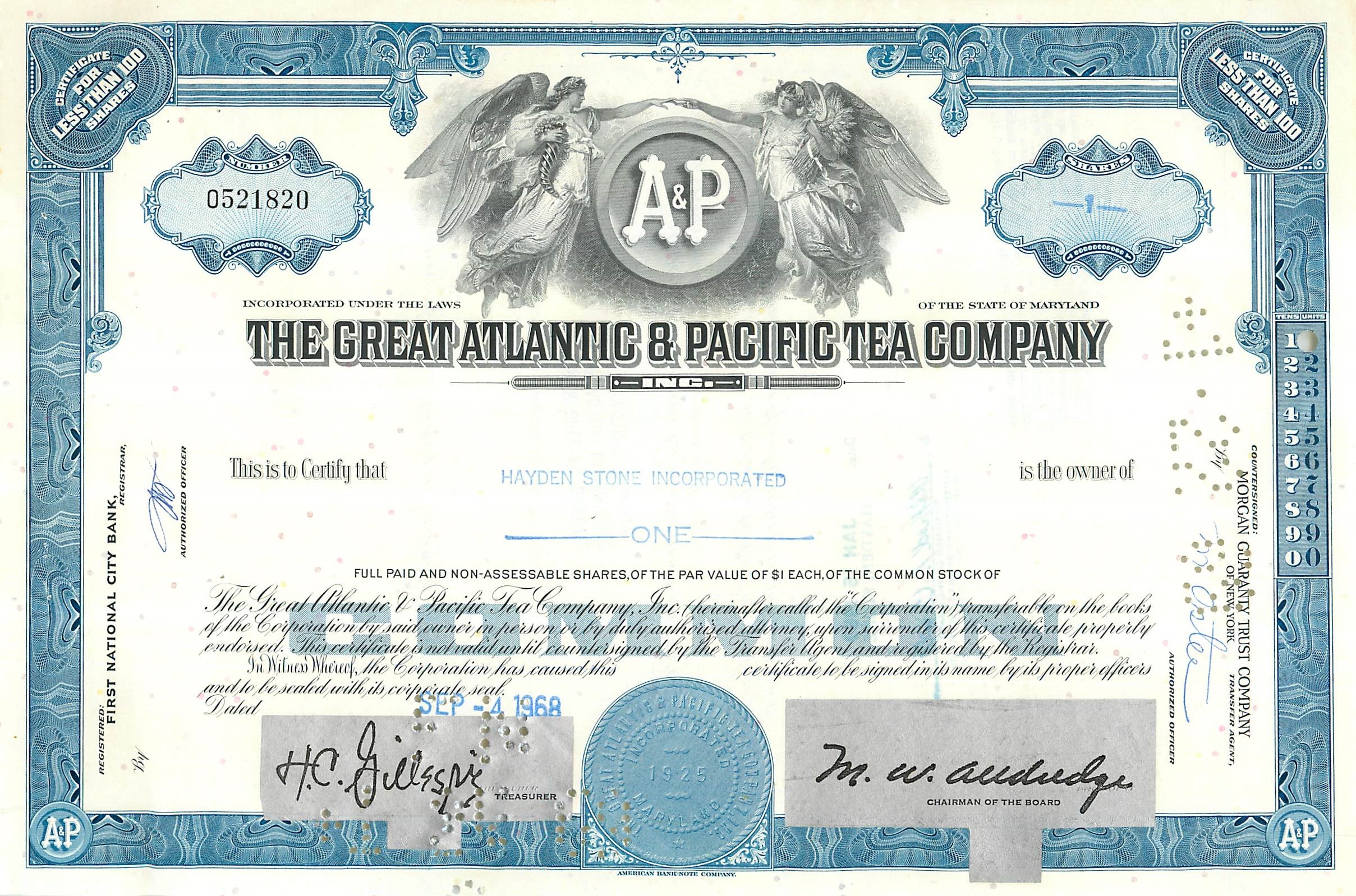 Certificado de acciones de la Great Atlantic & Pacific Tea Company — Hayden Stone Incorporated