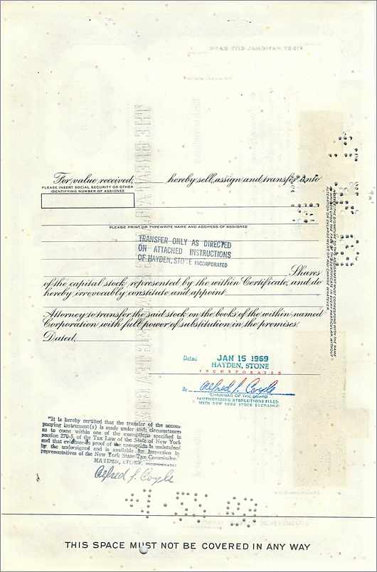 Certificado de acciones de la Great Atlantic & Pacific Tea Company — Hayden Stone Incorporated — Reverso