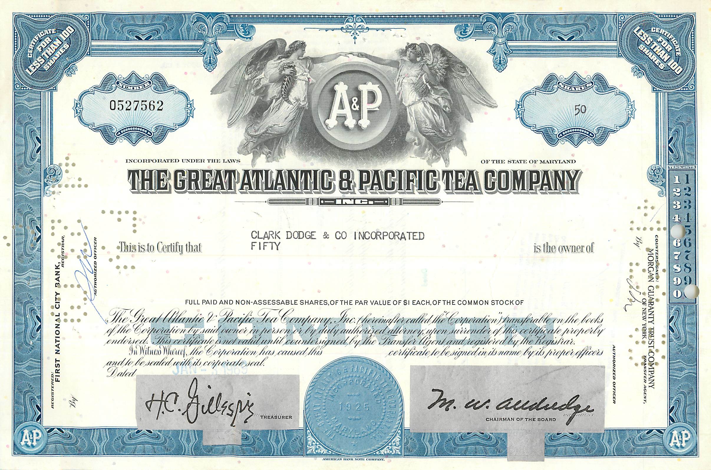Certyfikat 50 akcji Great Atlantic & Pacific Tea Company — wydawca First National City Bank, nr 0527562