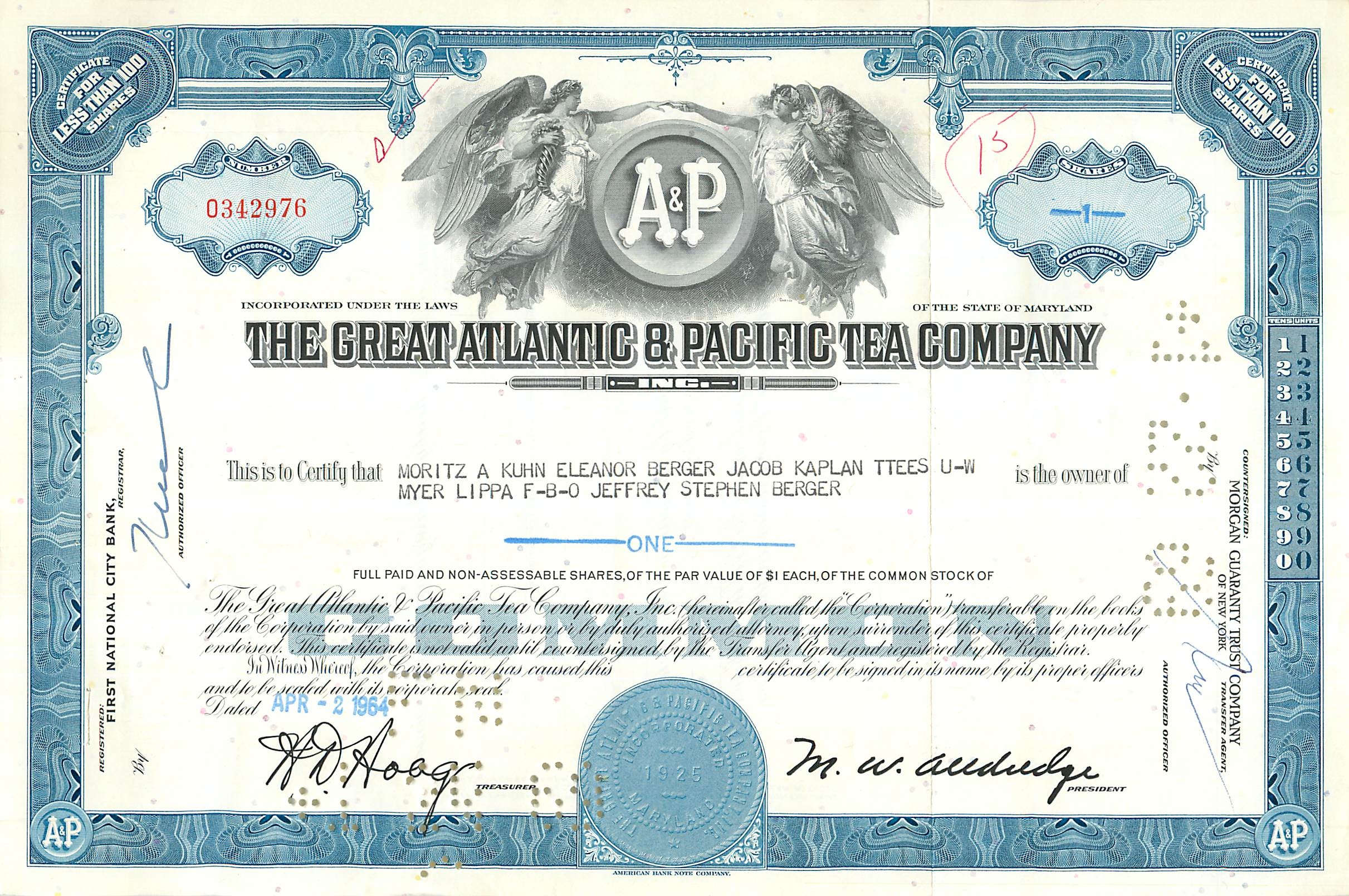 Certificado de acciones de la Great Atlantic & Pacific Tea Company — editor Morgan Guaranty Trust Company