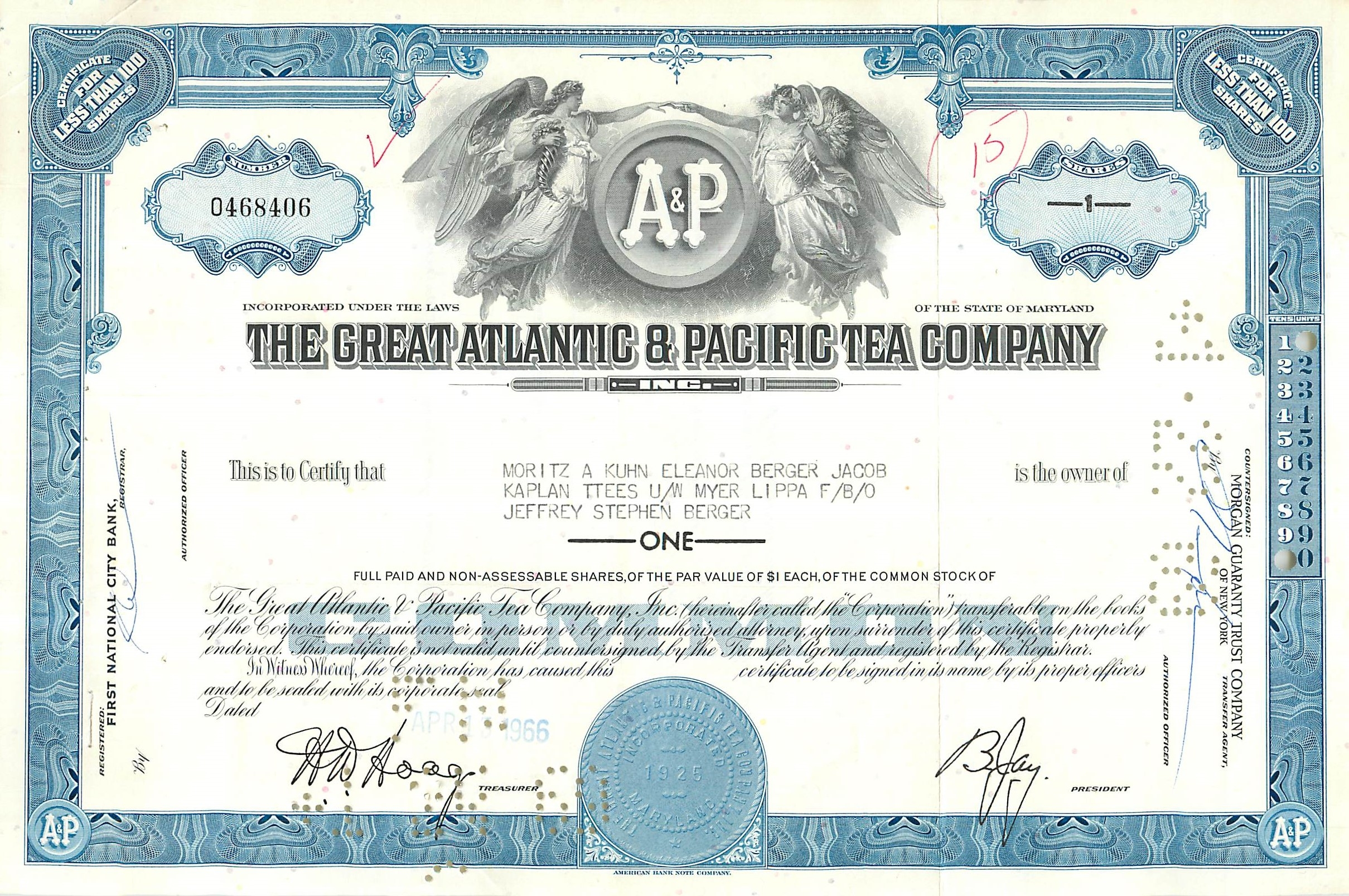 Certificat d'actions de la Great Atlantic & Pacific Tea Company — éditeur American Bank Note Company, n° de série 0468406