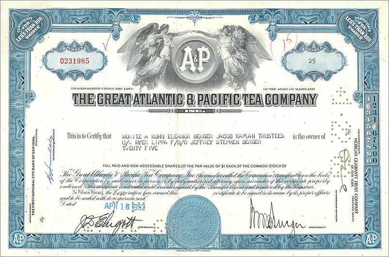 Aandelenbewijs van de Great Atlantic & Pacific Tea Company — uitgever The First National City Bank of New York, n° 0231985