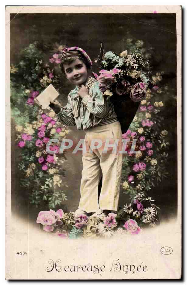 Fantaisie - Enfant - fille - Heureuses Annee - fleur - lettre - CPA 