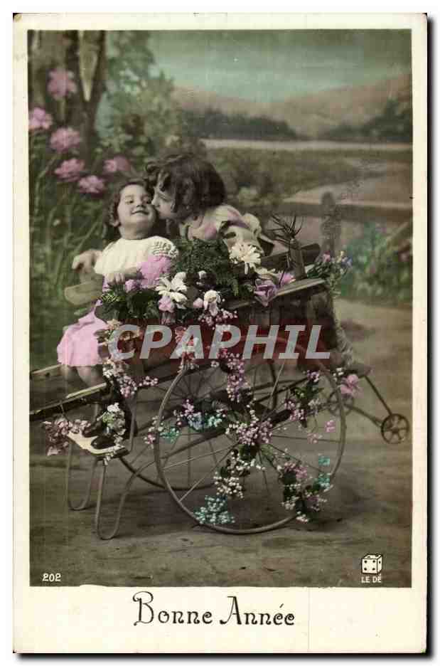 Two children in a flower-decorated landau — Happy New Year — LE DÉ n°202