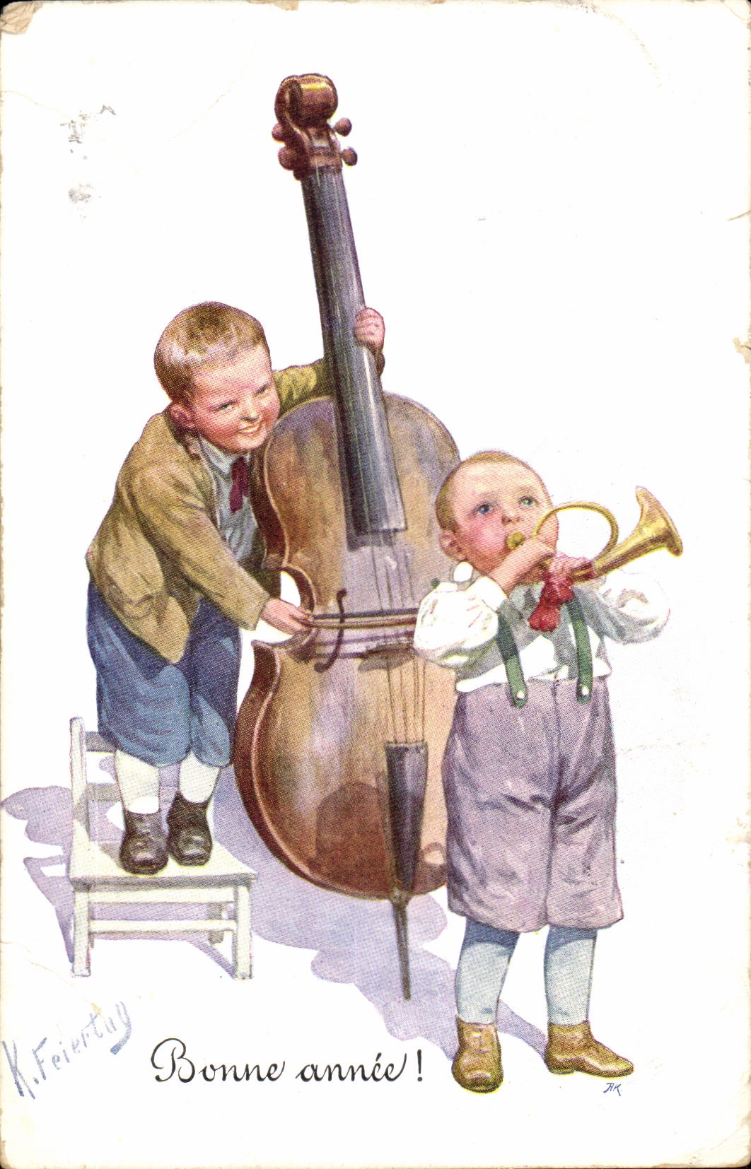 Fantaisie - Enfant - Bonne Annee - trompette - violon Violoncelle - musique - instrument - CPA 