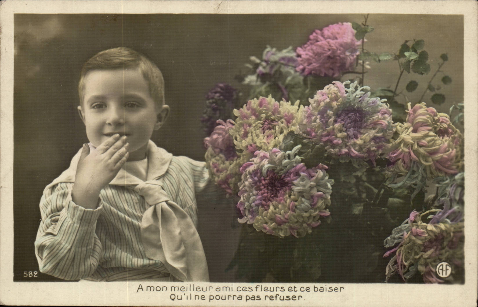 Fantaisie - Enfant - garcon - a mon meillure ami ces fleurs et ce baiser Andre Chambon - CPA 