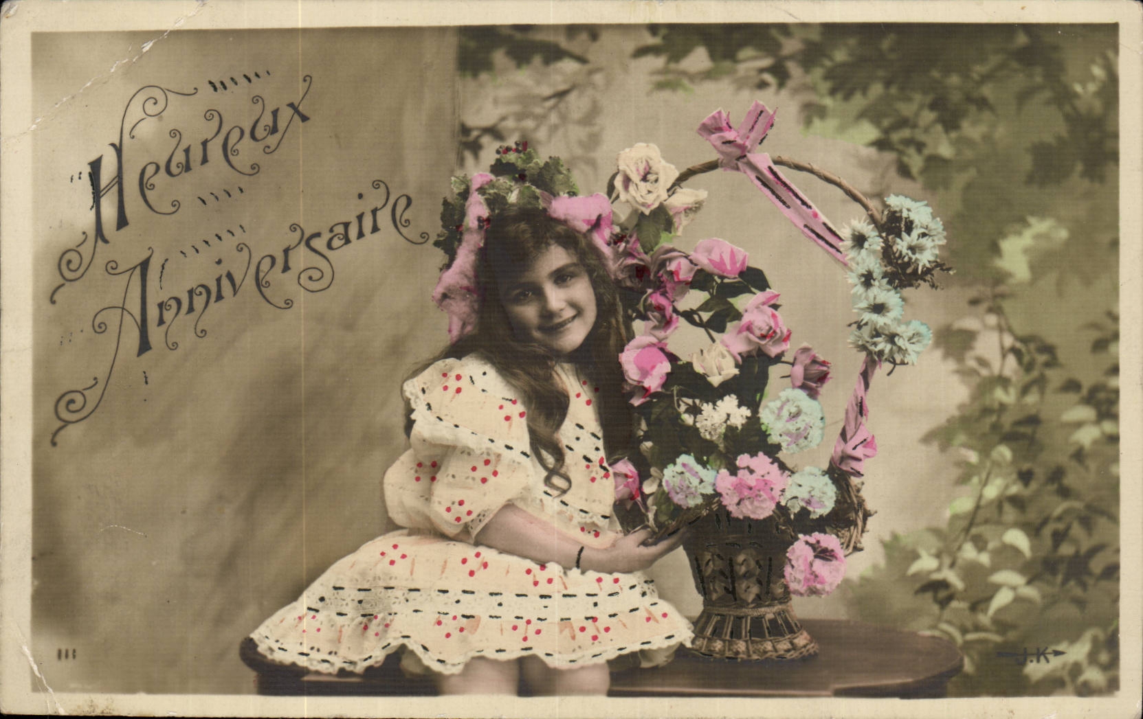 Fantaisie - Enfant - Heureux Anniversaire - fille - fleur - CPA 