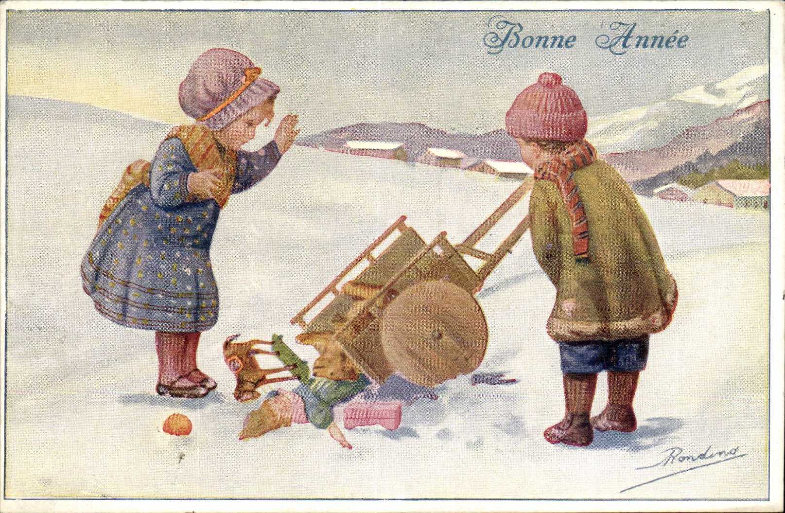 Enfants jouant dans la neige — Bonne Année — Rondina