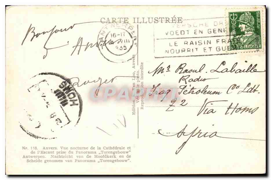 Anvers — Vue nocturne de la Cathédrale et de l'Éscaut — Édition Van Loo, n° 118 — Reverso